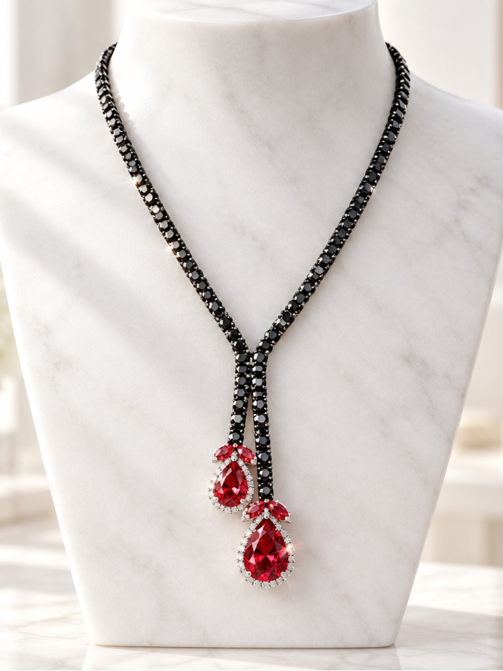 Elegant Black and Red Teardrop Crystal Tennis Necklace